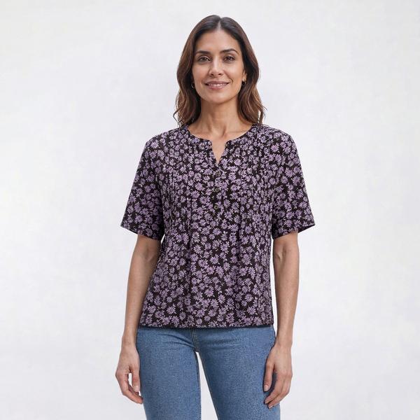 Petite Napa Valley Short Sleeve Pleated Floral Henley Blouse - image 