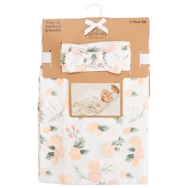 Baby Essentials Floral Swaddle Blanket & Headband - image 