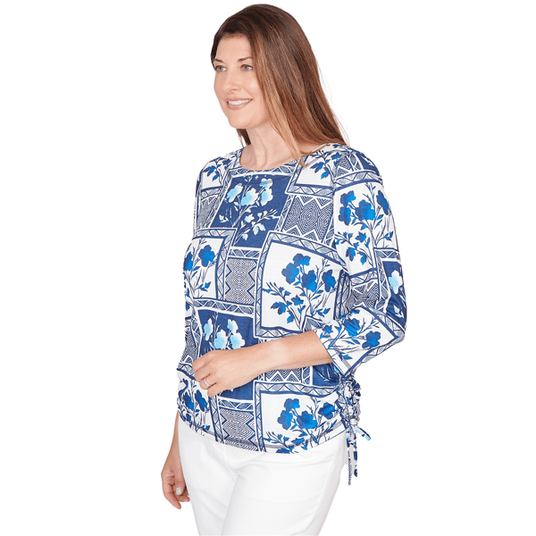 Petites Alfred Dunner Mykonos Framed Floral Ruched Side Tie Top