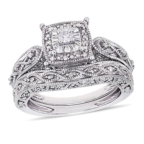Loveblooms(tm) Sterling Silver Diamonds Bridal Ring Set