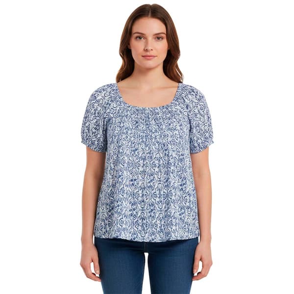Womens Absolutely Famous Pintuck Floral Puff Sleeve Blouse