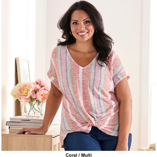 Plus Size Almost Famous Short Cuff Sleeve V-Neck Twist Hem Blouse