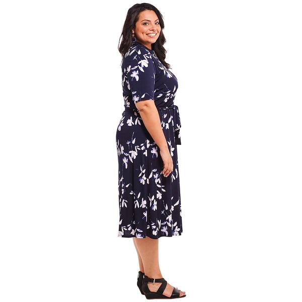 Plus Size MSK Elbow Sleeve Floral Half Zip Midi Dress