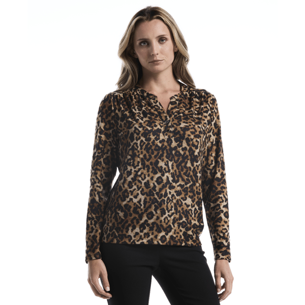 Petite Rafaella(R) Long Sleeve Split Neck Leopard Blouse