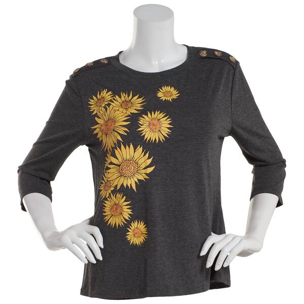 Womens Tru Self 3/4 Sleeve Button Shoulder Sunflower Graphic Tee - image 