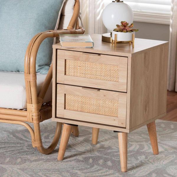 Baxton Studio Baird Oak Brown Wood/Rattan 2-Drawer Nightstand