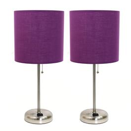 LimeLights Brush Steel Lamp w/Charge Outlet/Purple Shade-Set of 2