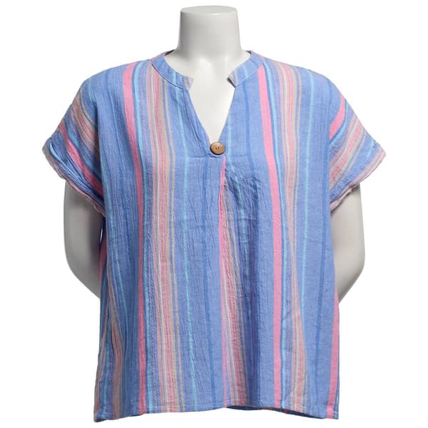 Petite Erika Madison Short Sleeve Stripe Split Neck Blouse