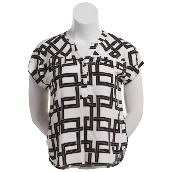 Como Blu Roll Sleeve 2 Pocket Geometric Henley Blouse