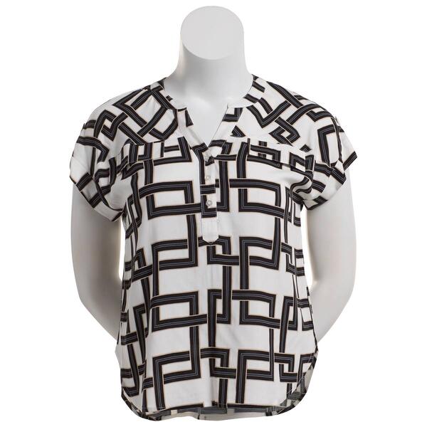 Como Blu Roll Sleeve 2 Pocket Geometric Henley Blouse - image 