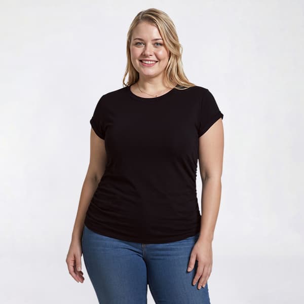 Juniors Plus Eye Candy Short Sleeve Crew Neck Tee w/ Side Ruching - image 