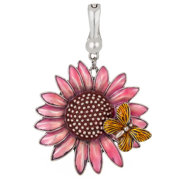 Wearable Art Antique Silver-Tone Pink Sunflower Enhancer Pendant - image 