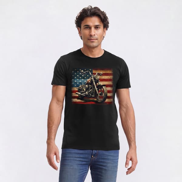 Mens Vintage Motorcycle USA  Flag Short Sleeve Graphic Tee - image 