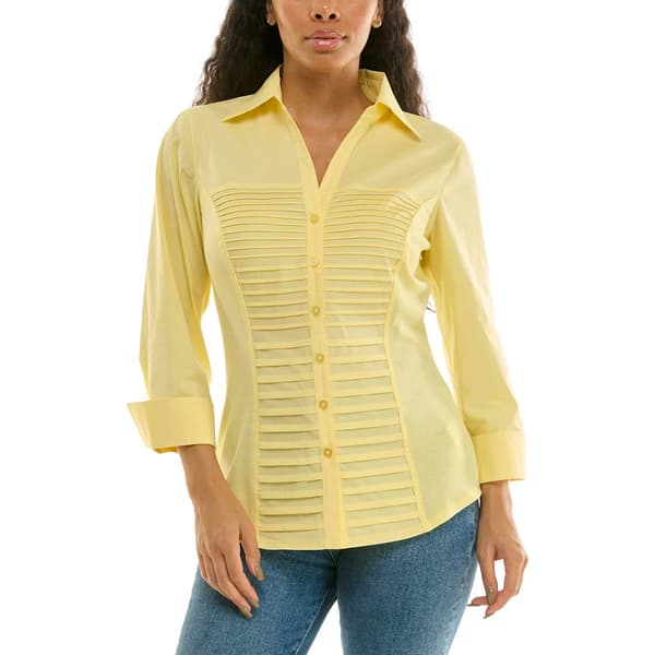 Womens Zac & Rachel Solid Knit To Fit Pintuck Casual Button Down