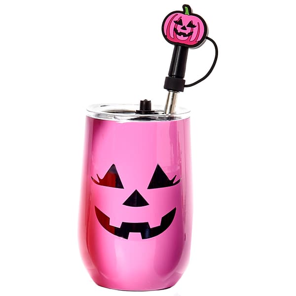 Gourmet Home Stainless Steel Pink Pumpkin Wine Tumbler with Straw - image 