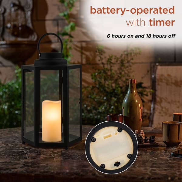Alpine Black Hexagonal Candlelit Lantern w/ Warm White LEDs