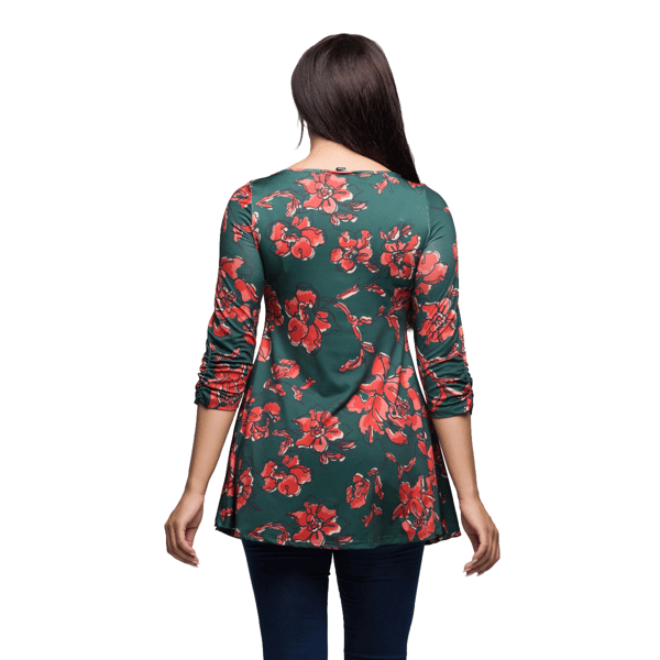 Womens 24/7 Comfort Apparel Green Floral 3/4 Sleeve Tunic Top