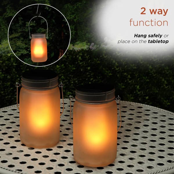 Alpine Solar Jar Glass Lantern w/ LED Dancing Flame - Set of 2