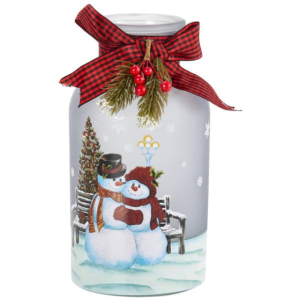Transpac LED Glass Lantern w/ Snowman Hugging - image 