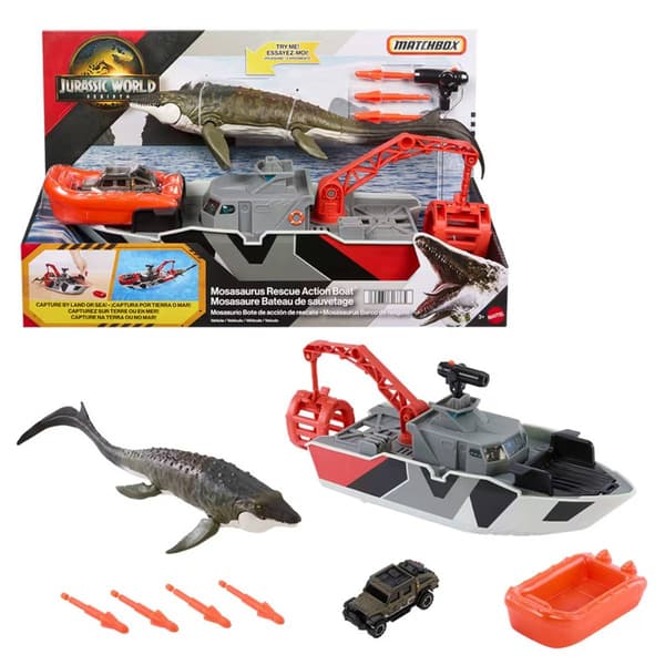 Matchbox Jurassic World Mosasaurus Rescue Action Boat Playset - image 