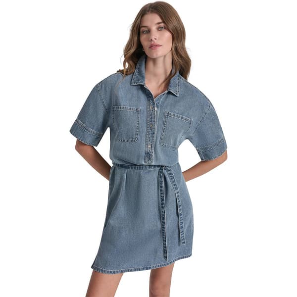 Womens DKNY Short Sleeve Tie Waist Denim Shirtdress - image 