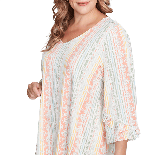 Plus Size Ruby Rd. Tropical Oasis Ruffle Sleeve Stripe Blouse
