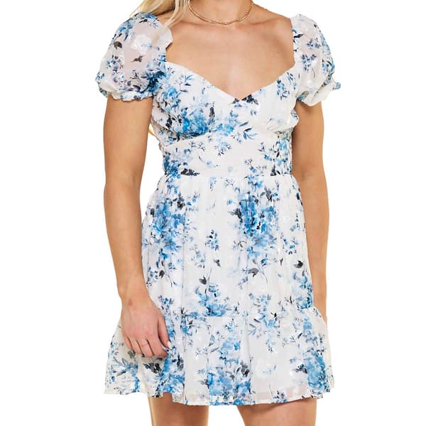 Juniors Emerald Sundae Puff Sleeve Floral Smock A-Line Dress