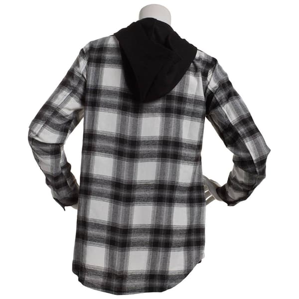 Juniors No Comment Flannel Plaid Shacket with Hood