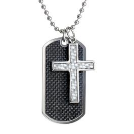 Mens Lynx Stainless Steel Carbon Dog Tag & Cross Pendant