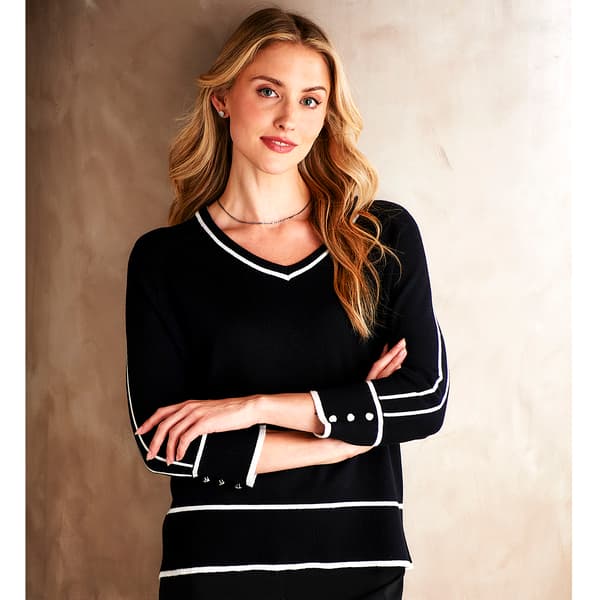 Petite Retrology 3/4 Sleeve V-Neck Tipped Sweater - image 