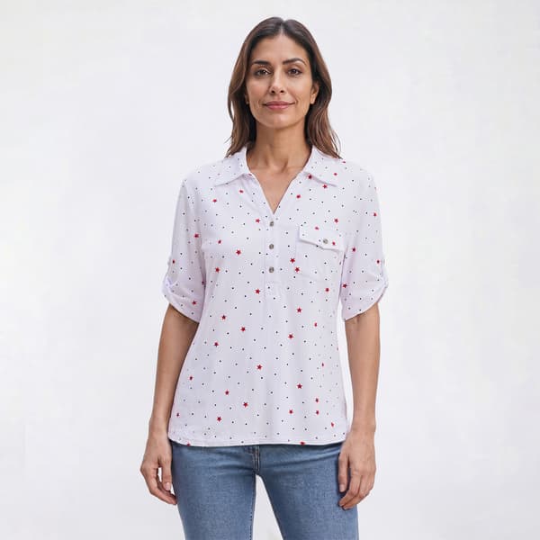 Womens Emily Daniels Roll Tab Elbow Sleeve Star Dot Blouse