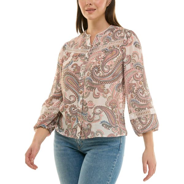Womens Zac & Rachel 3/4 Puffed Sleeve Paisley Button Front Blouse