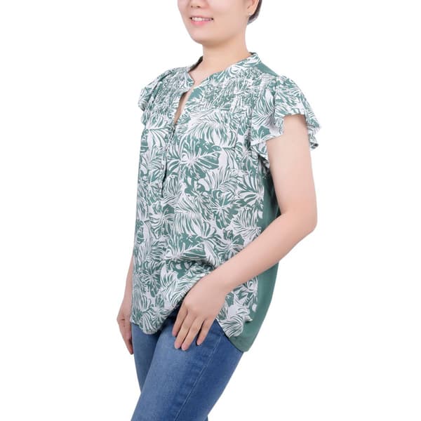 Petite NY Collection Flutter Cap Sleeve Tropical Leaf Blouse