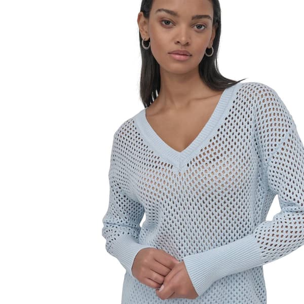 Womens DKNY Long Sleeve V-Neck Open Stitch Pointelle Sweater