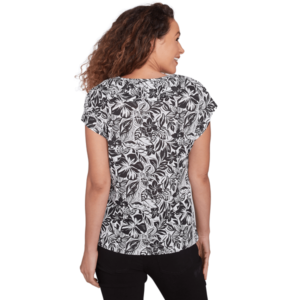 Womens Hearts of Palm In Black & White Ruffle Floral Blouse