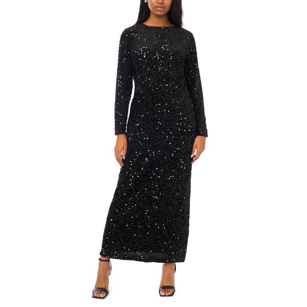 Womens MSK Long Sleeve Round Neck Sequin Evening Gown