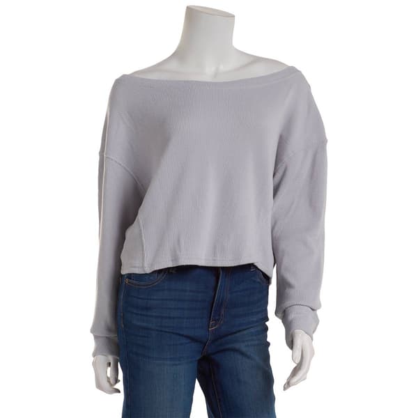 Juniors No Comment Brushed Waffle Off the Shoulder Sweatshirt - image 