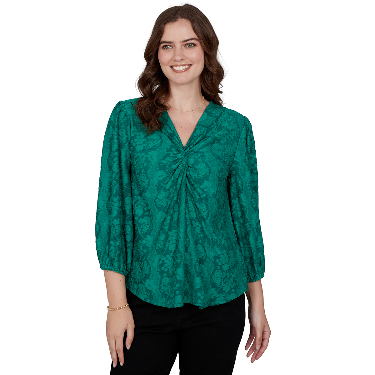 Petite Ruby Rd. Mysterious Romance Knot Front Floral Blouse