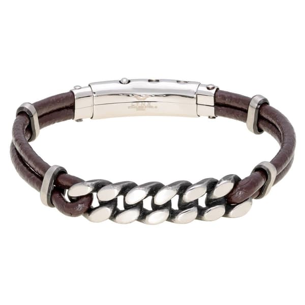 Mens Lynx Stainless Steel & Brown Leather Bracelet - image 