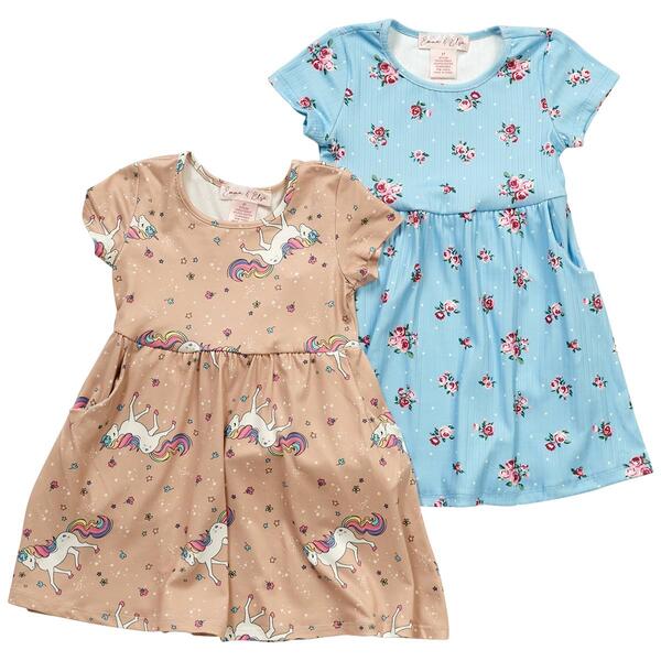 Toddler Girl Emma & Elsa 2pk. Unicorn & Rose Dot Rib Dresses - image 