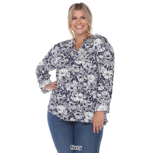 Plus Size White Mark Pleated Long Sleeve Floral Blouse