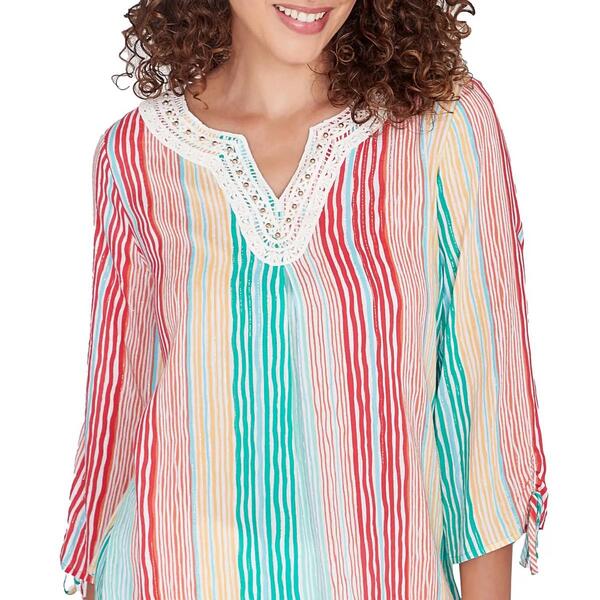 Womens Ruby Rd. Tropical Splash 3/4 Sleeve Woven Stripe Blouse