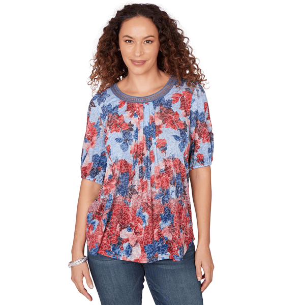 Womens Ruby Rd. French Riviera Pleated Floral Lace Trim Blouse - image 