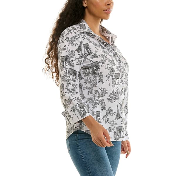 Plus Size Zac & Rachel 3/4 Sleeve Paris Floral Casual Button Down