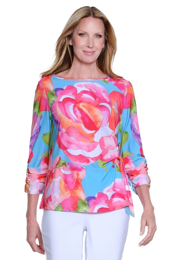 Womens Ali Miles 3/4 Ruch Sleeve Watercolor Floral Blouse - image 
