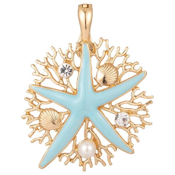 Wearable Art Gold-Tone Blue Starfish w/ Coral Enhancer Pendant - image 