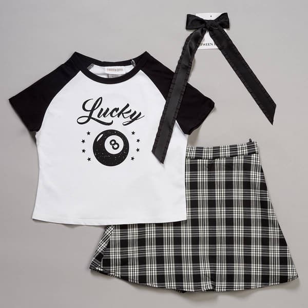 Girls (7-12) Tween Diva Lucky 8 Ball Tee with Plaid Skort Set