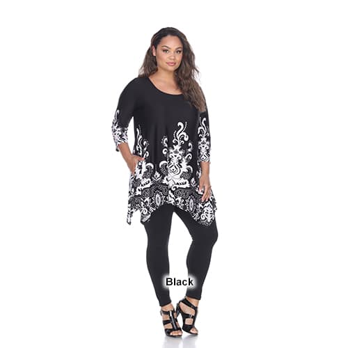 Plus Size White Mark Scroll Print Border Tunic