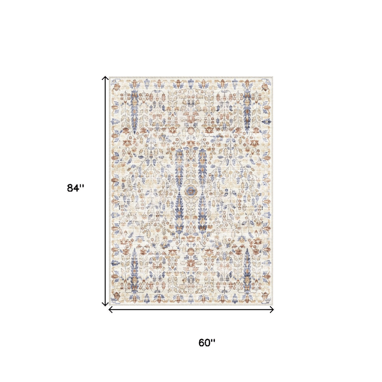 HomeRoots Brown Blue & Beige Floral Medallion Washable Area Rug