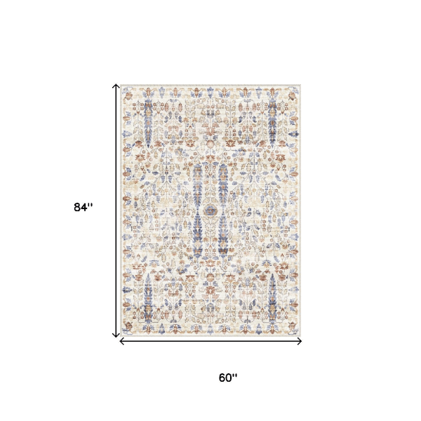 HomeRoots Brown Blue & Beige Floral Medallion Washable Area Rug